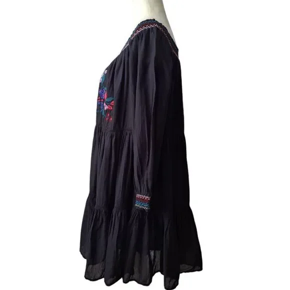 Free People Sunbeam Black Embroidered Off Shoulder Boho Peasant Tunic Dress M - Picture 6 of 9
